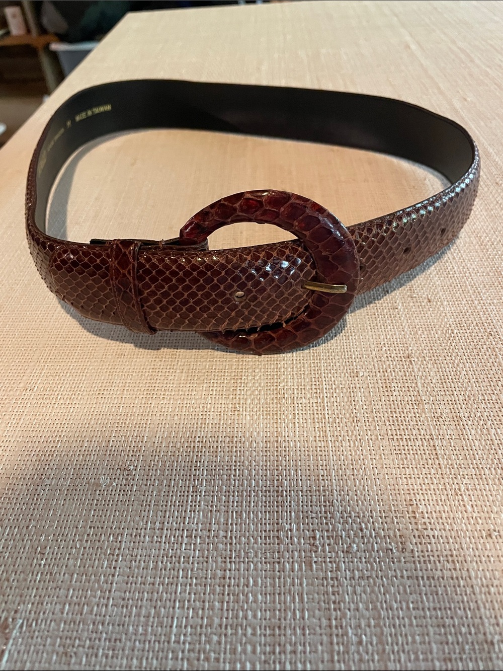Magid Brown Snakeskin Embossed Leather Belt with Round Buckle